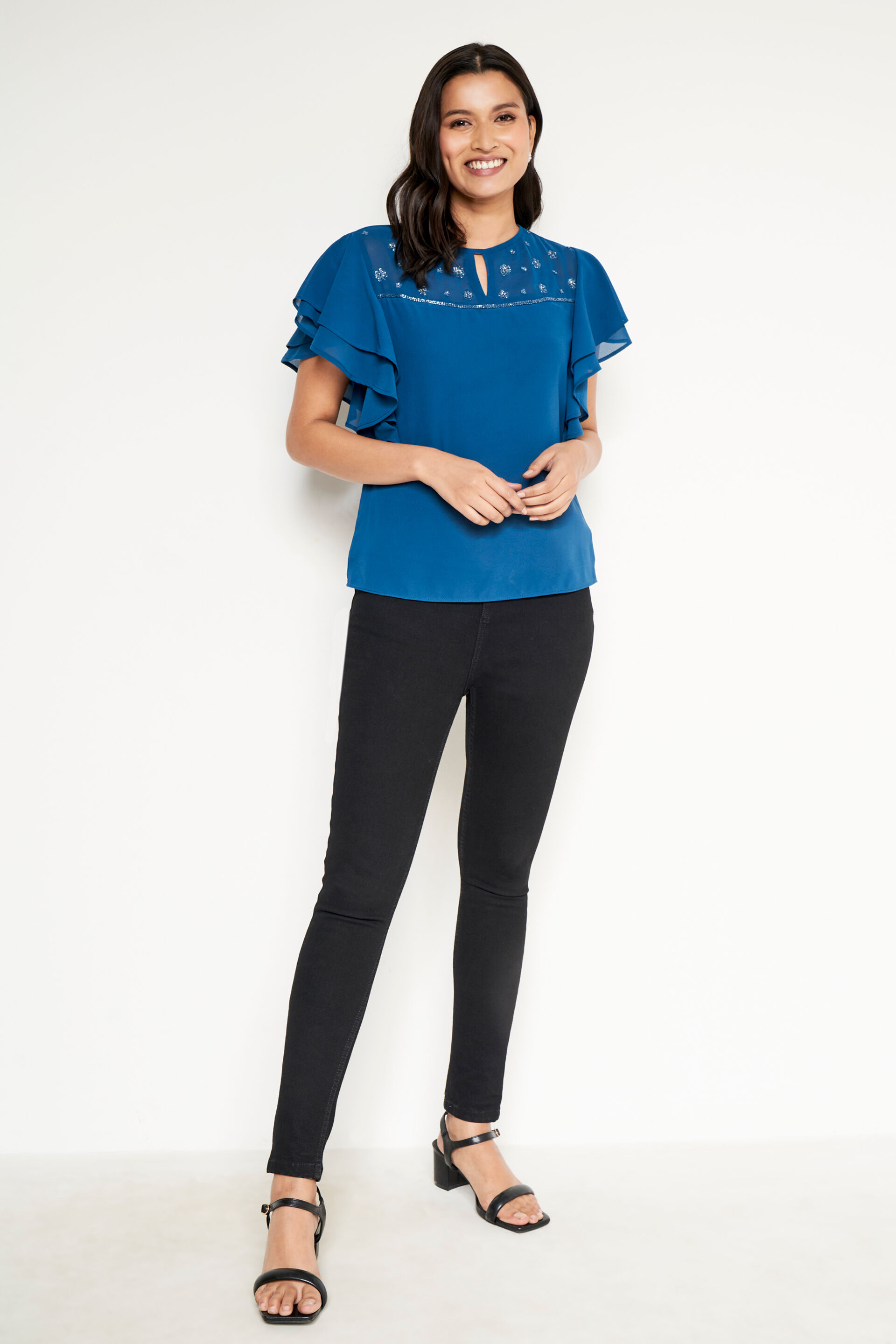 Teal Embellished Yoke Top, Teal, image 2